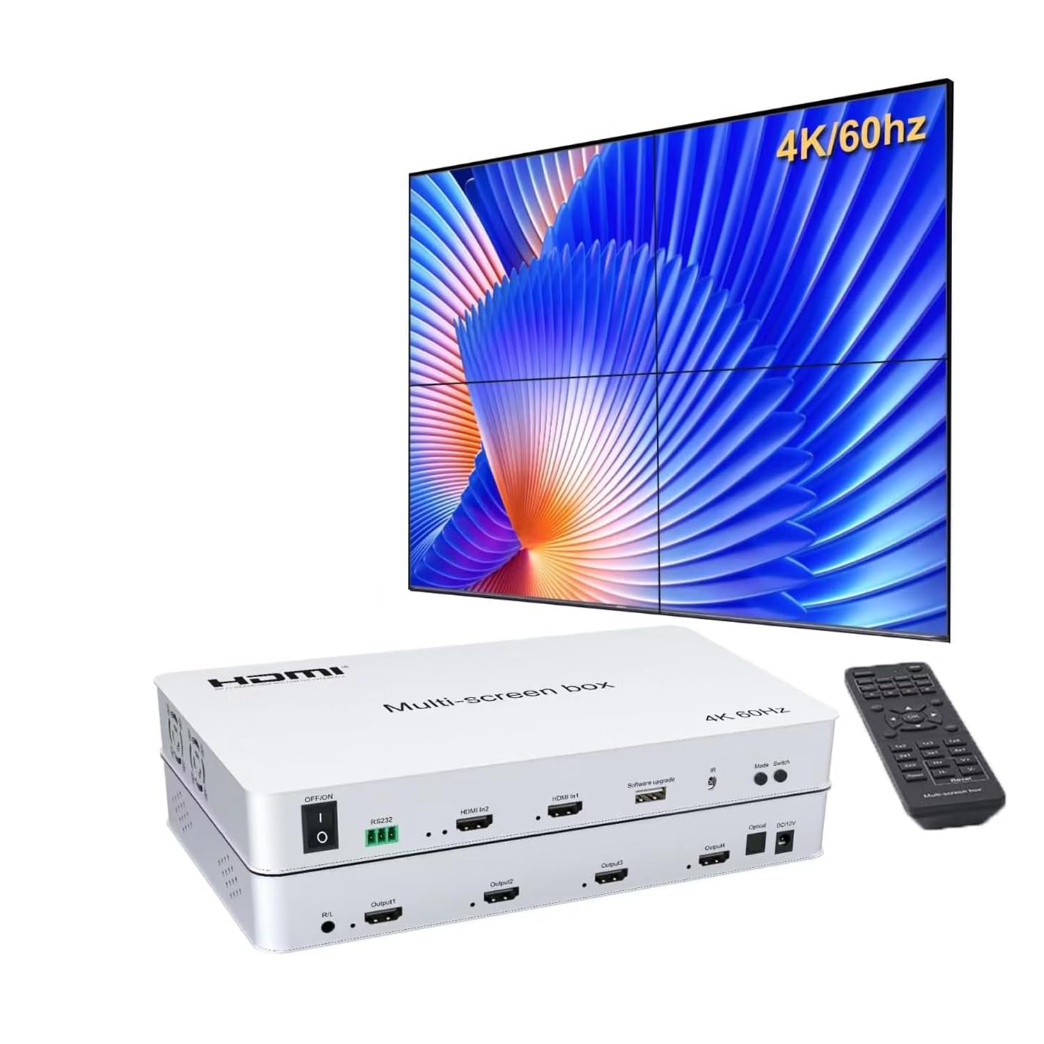 Video Wall Controller 2x2 4K60HZ,HDMI 2.0 TV Wall Controller, Support 3840x2160@60Hz Inputs 4 Output Wall TV, 2x2 1x2 2x1 1x3 3x1 1x4 14 modes,remote&RS232 control,with Out Audio & Memmory Function