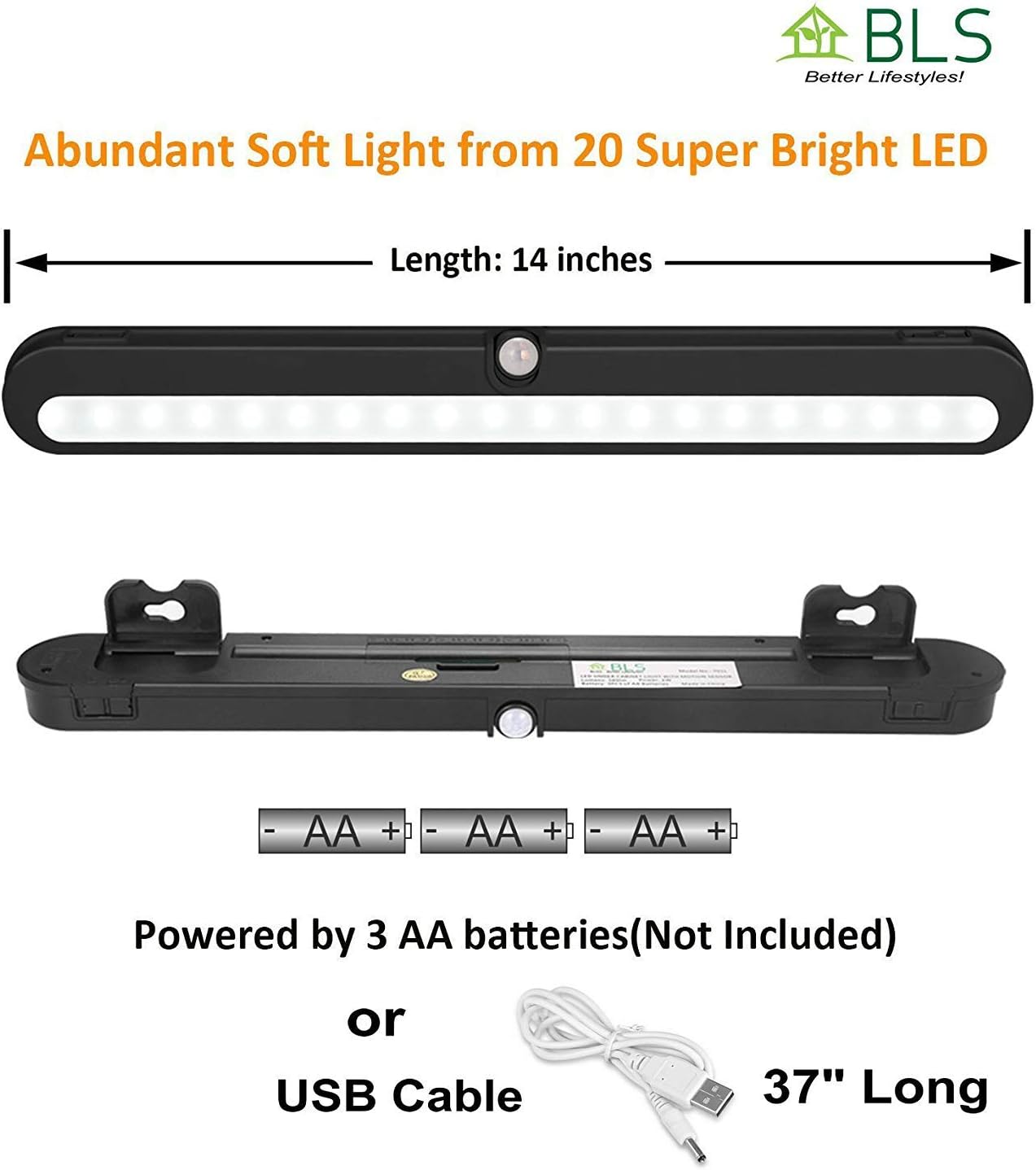 BLS T01LB LED Closet Light Super Bright 20 LED Under Cabinet Lighting Battery Powered/DC Input Wireless Motion Sensing Light, Auto On Off Switch, Motion & Light Sensor, Light Beam Adjustable