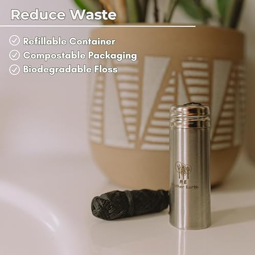 Miniatura 8 de Me Mother Earth Hilo dental de carbón de bambú biodegradable vegano con recipiente recargable de acero inoxidable negro  33 yardas x 2  Hilo dental
