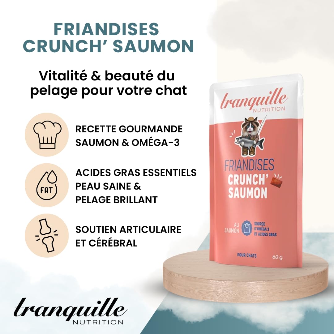 Tranquille Crunch' łosoś dla kota (zestaw 40 x 60 g) | Przysmaki bogate w Omega 3 i kwasy tłuszczowe, zdrowa skóra i błyszcząca sierść, wsparcie stawów i mózgu, karma dla kota