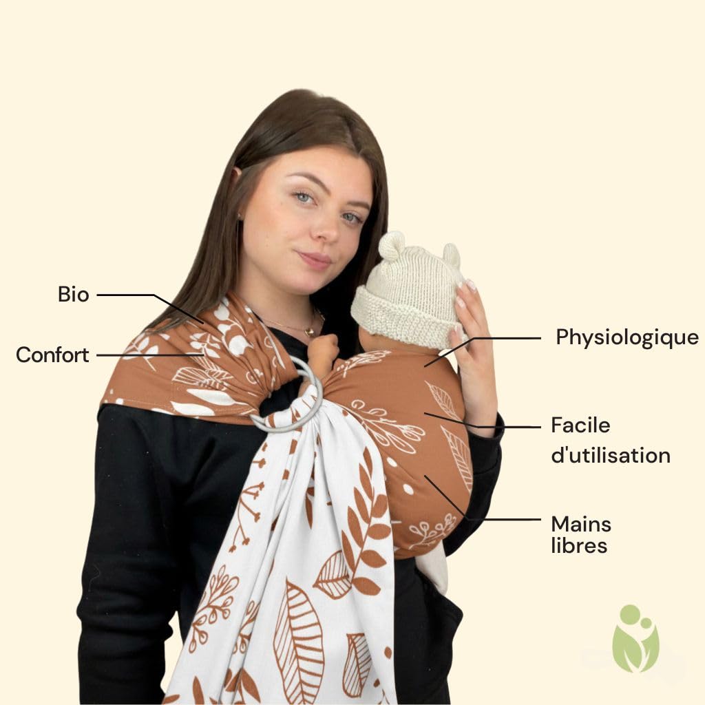 Naturioù - Ring Sling - Écharpe de Portage Sans Noeud Jacquard - 100% Coton - Motif Réversible - Botanie Caramel
