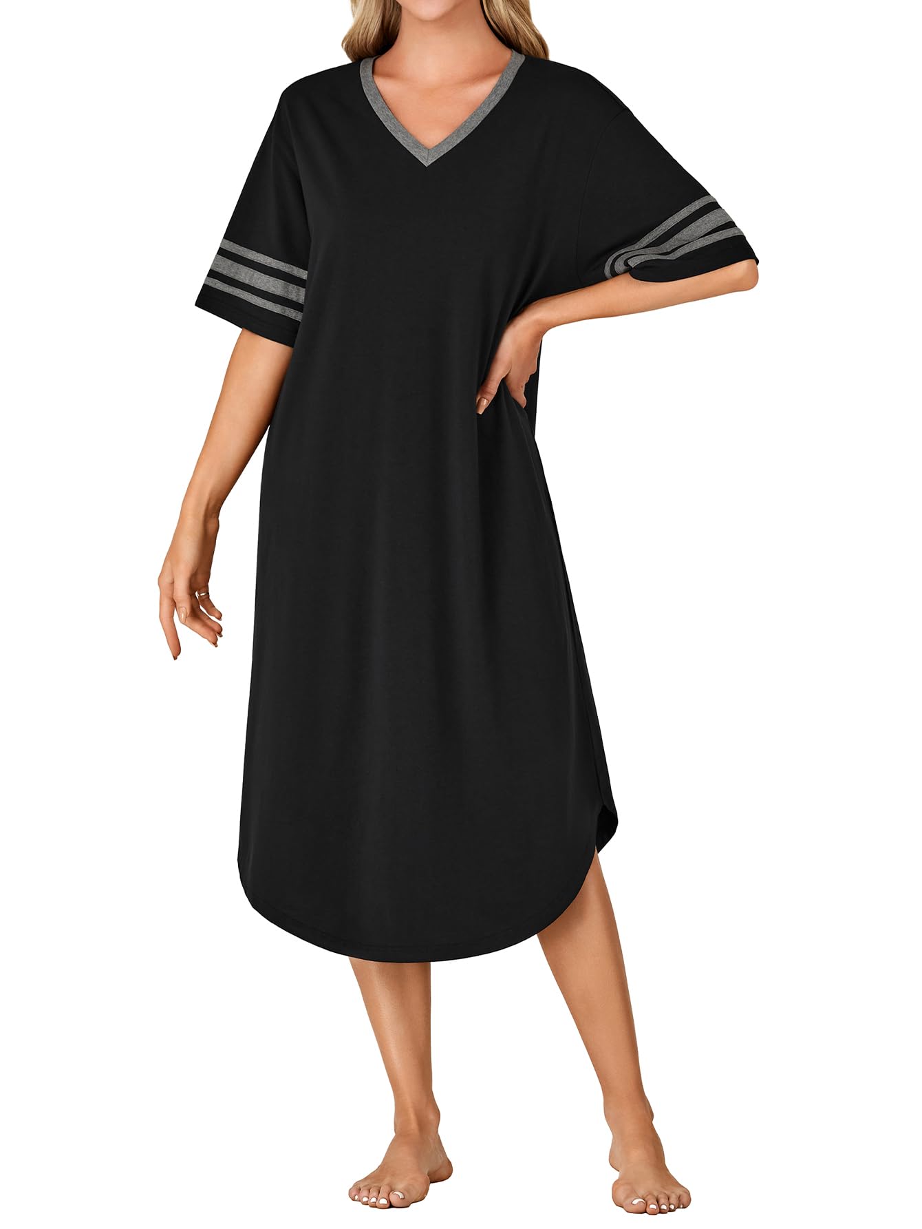 OPOIPIN Women's Nightgown V Neck Short Sleeve Sleepshirt Casual Loose Fit Nightdress Loungewear