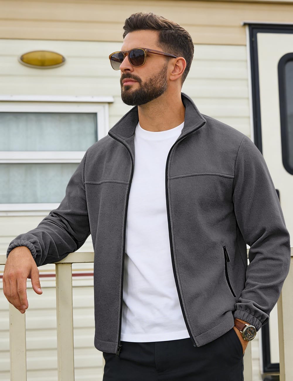 Mens Polar Fleece Jacket Full Zip Lightweight Casual Outdoor Jackets Stand Collar Warm Coats with Pockets - Image 3