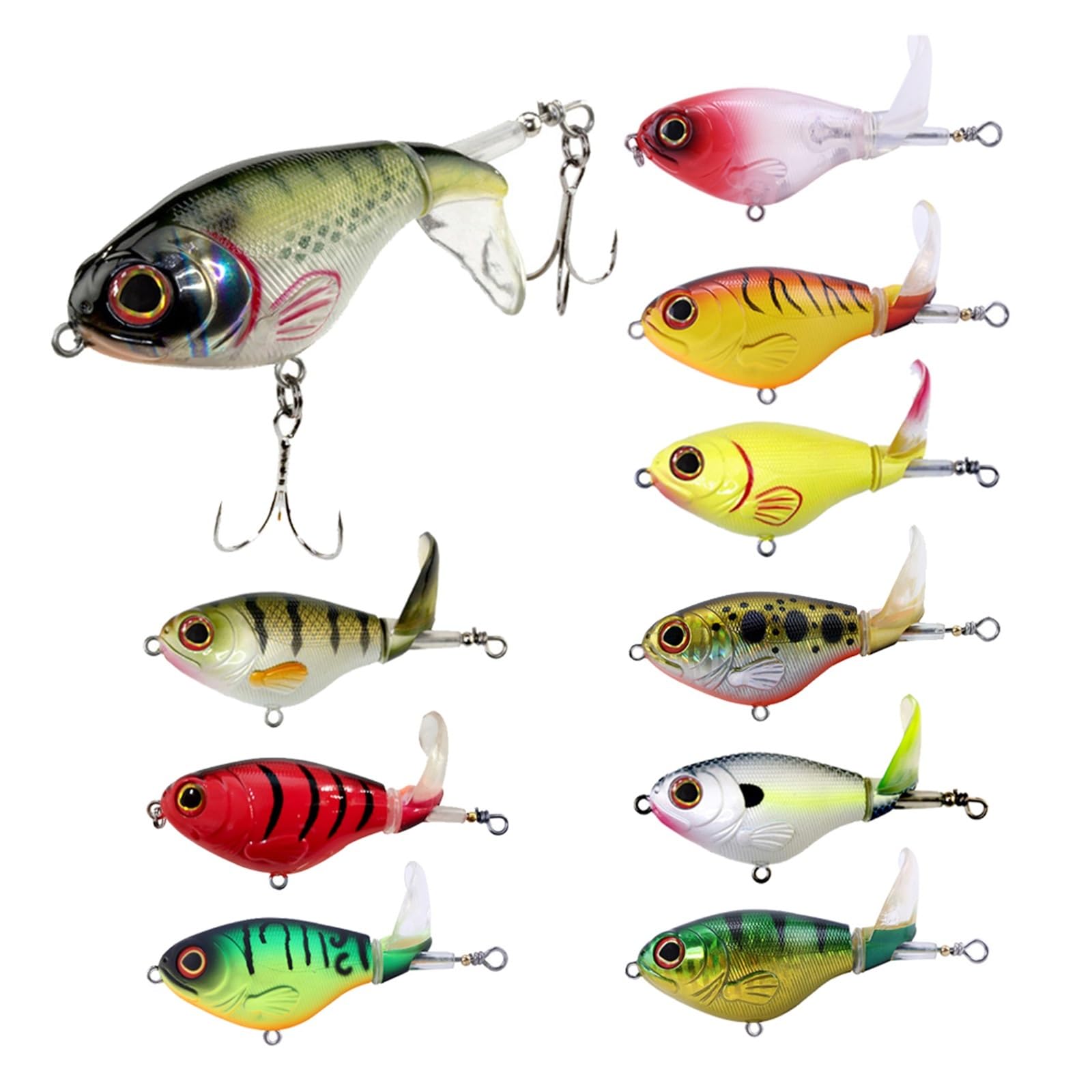 XILILHC 10 Pièces Ensemble 17g Haut Leurre De Pêche en Eau Popper Appât Surface d'eau Dure Doux Rotatif Queue Matériel De Pêche Kit D'appâts