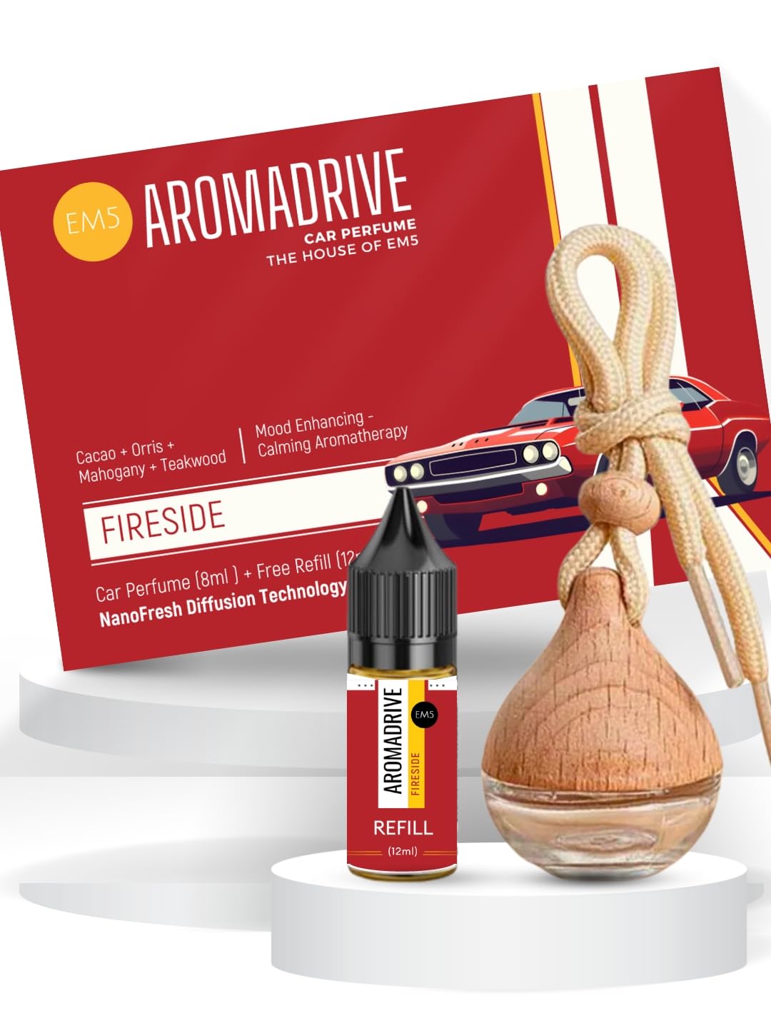 EM5 Fireside Car Perfume | Nano-Diffusion Technology | Premium Hanging Pod with 1 Refill | Cacao - Mahogany – Teak Wood Fragrance | Soothing & Aromatherapy Blend | Car Perfume (8ml) + Refill (12 ml) (B0DB8V6BDK) Amazon Price History, Amazon Price Tracker