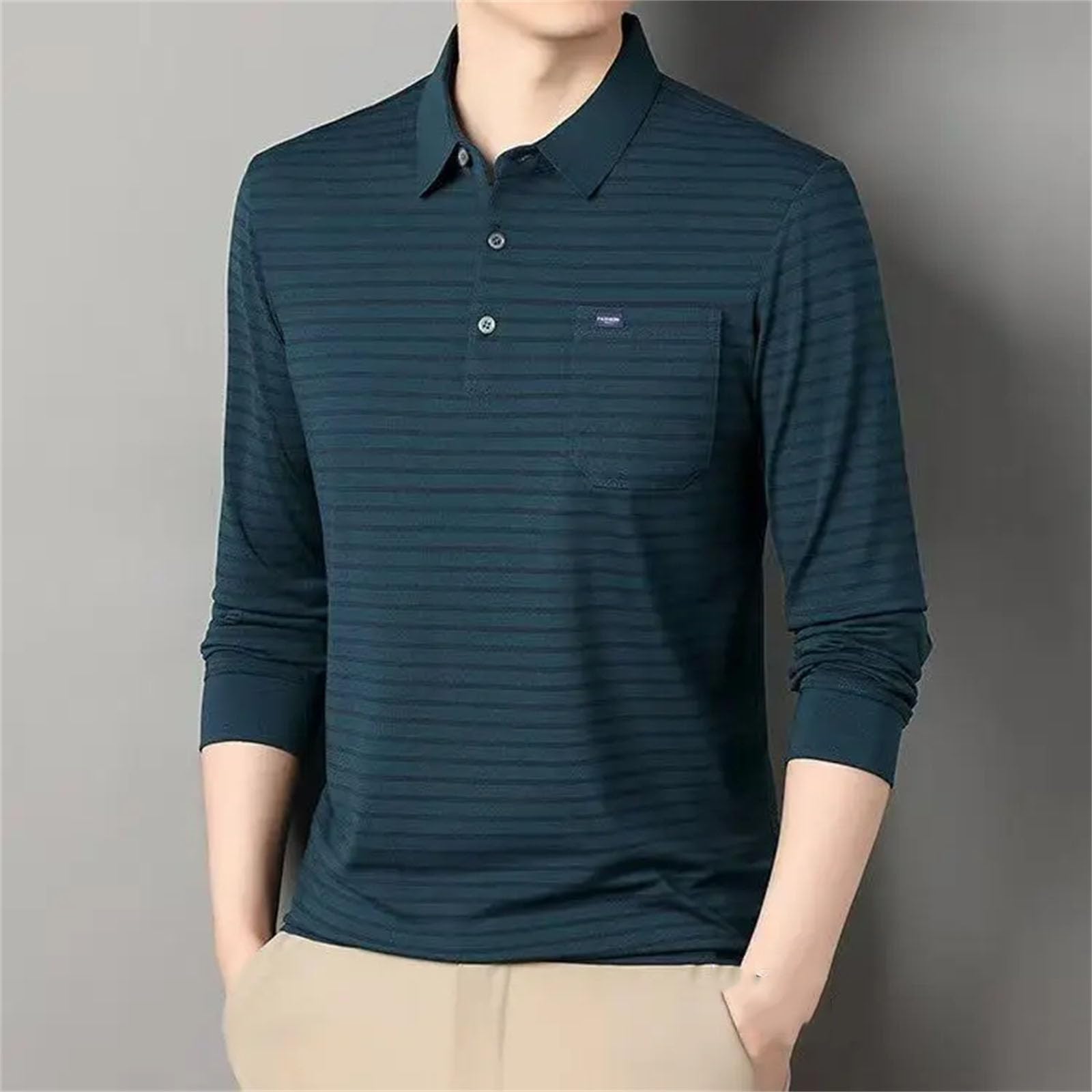 Camiseta de manga larga para hombre de mediana edad, con solapa, base fina, para ancianos de mediana edad