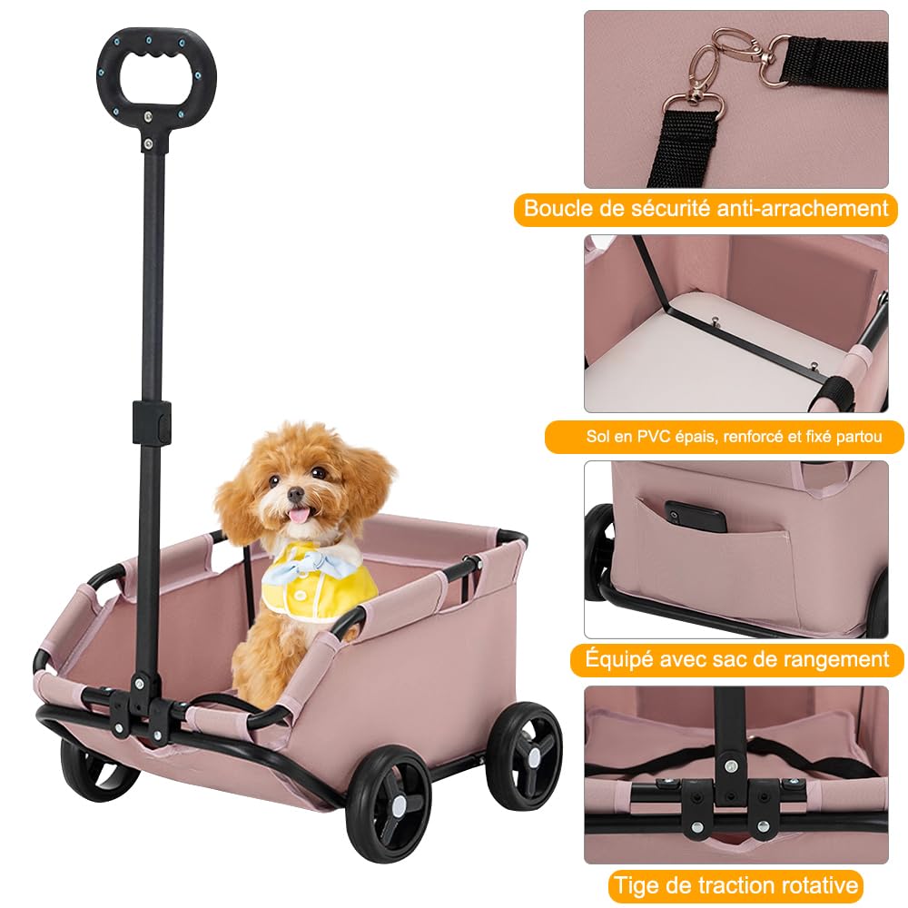 OHMG Poussette pour chien,Pliable à 4 roues,Avec tige de poussée réglable,Chariot pour chien, coussin lavable,Pour chiens miniatures jusqu'à 10 kg,Design ouvert