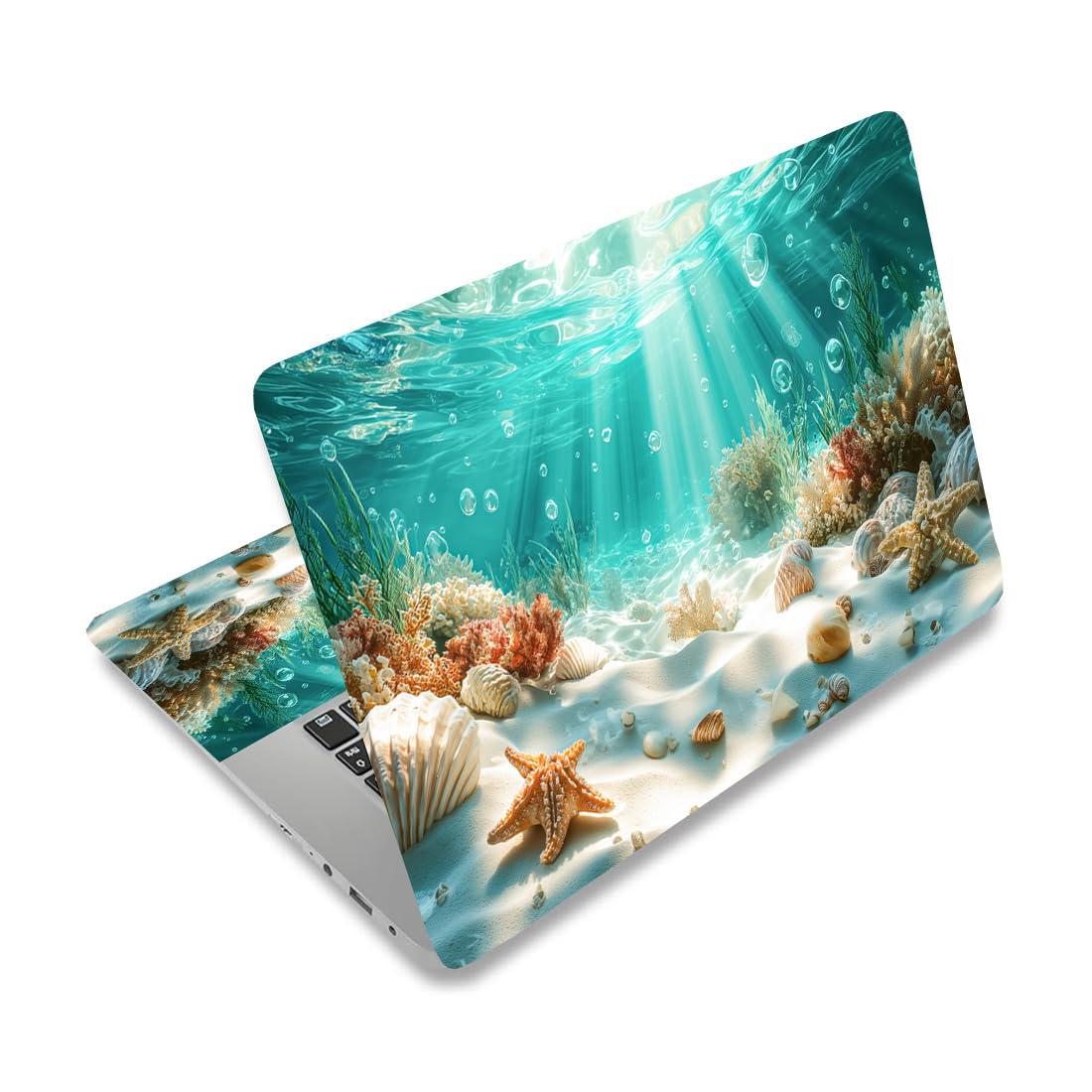 PLIGREAT 15 Inches Sea Coral Reef Laptop Decal Sticker Skin Cover, Sea Sunlight Laptop Skin Stickers Fits 12" to 15" Laptops Universal Waterproof Removable Notebook Art Protector, Blue Beige