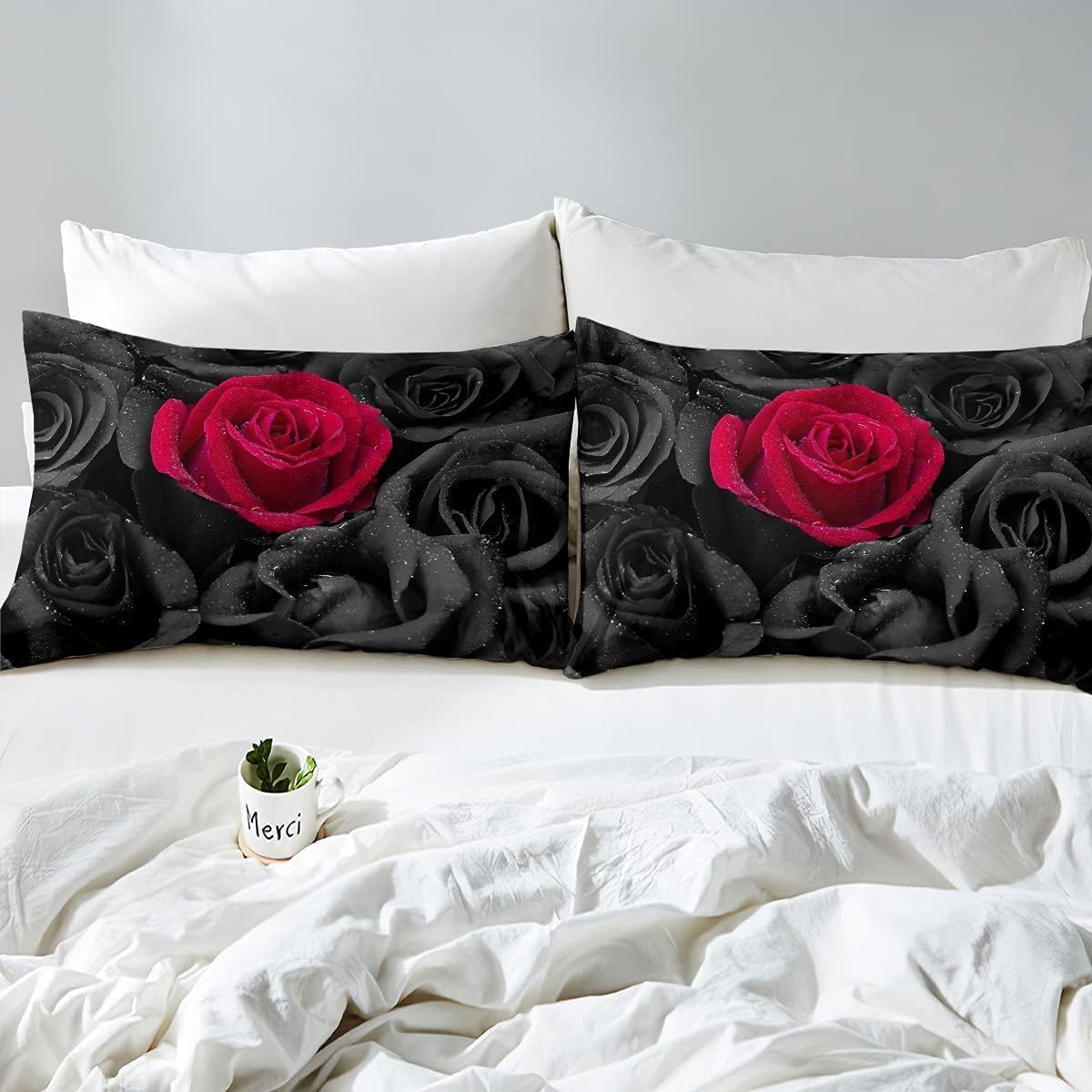 richhome Roses Duvet Cover Set Flowers Bedding Set Single Size Romantic Flowers Comforter Cover Set Boys Girls Teenagers 3D Black Red Roses - Image 3