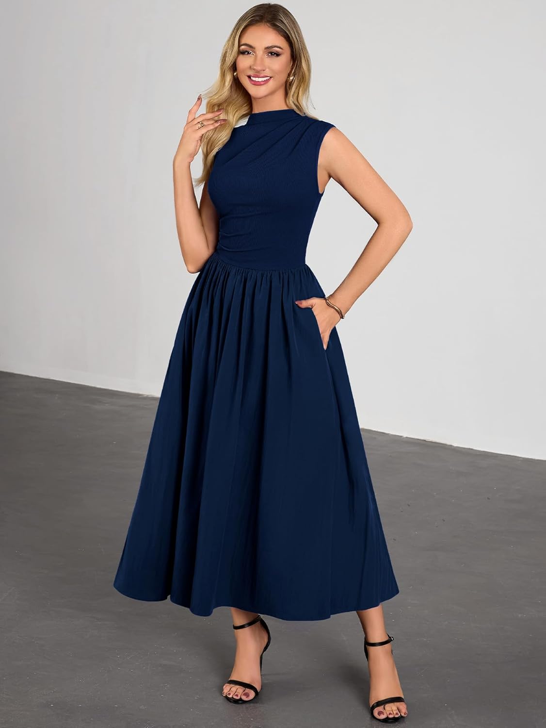 Miusol Women's Retro Half Collar Sleeveless with Pocket Casual Swing Dress - Image 3