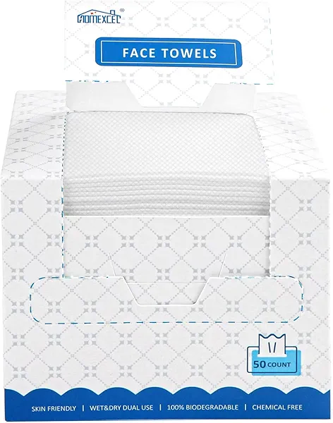 HOMEXCEL Face Towels, Disposable Face Towelette, Biodegradable Makeup Remover Dry Wipes 50 Count, Super Soft Clean Facial Towels Wash Cloth for Sensitive Skin
