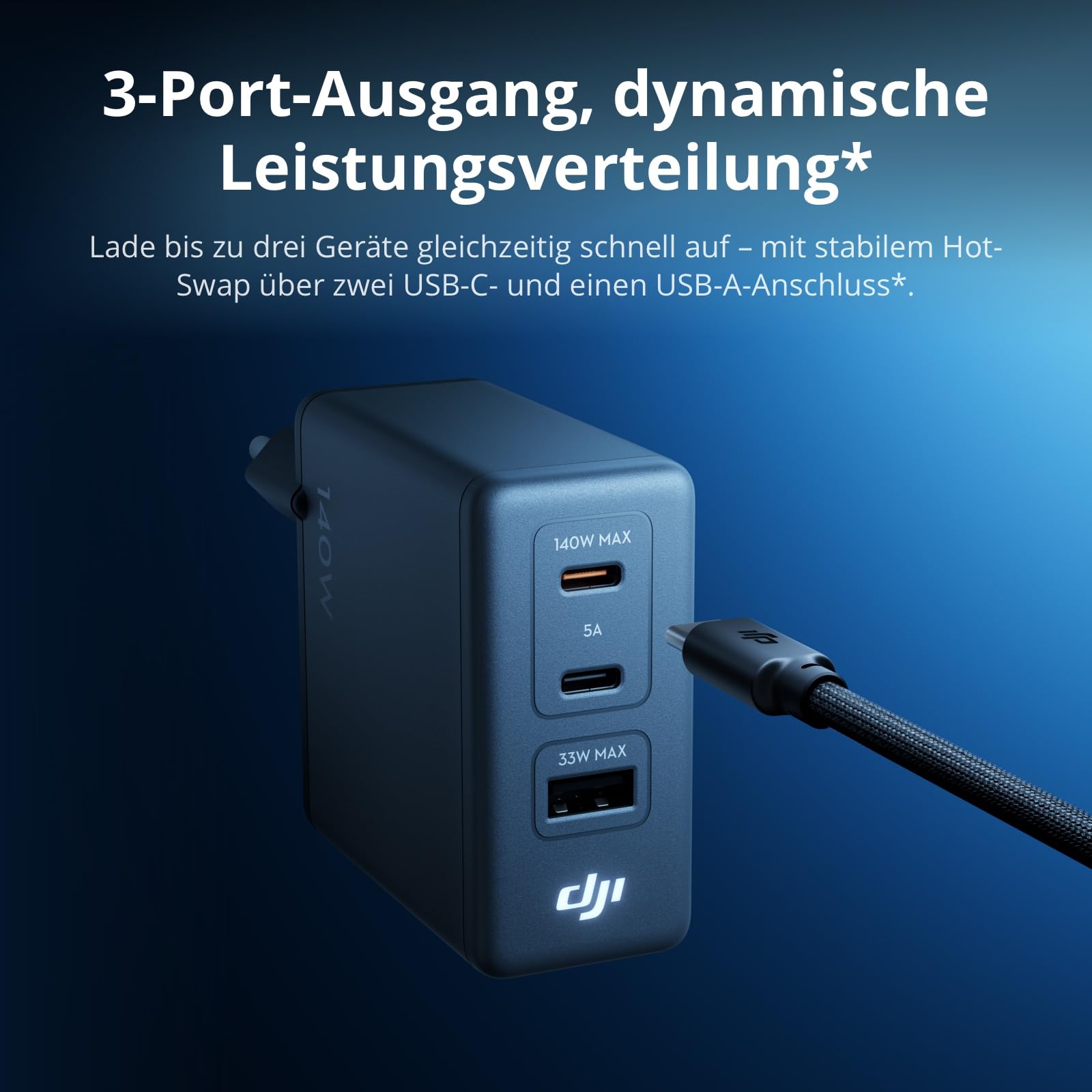DJI Power 140W GaN Lade-Combo, inkl. 7-A-Kabel mit digitaler Anzeige (1 m) | 140 W Ausgangsleistung, 3 Anschlüsse, intelligente Temperaturregelung, Schnellladen, PD 3.1, Laptop Ladegerät