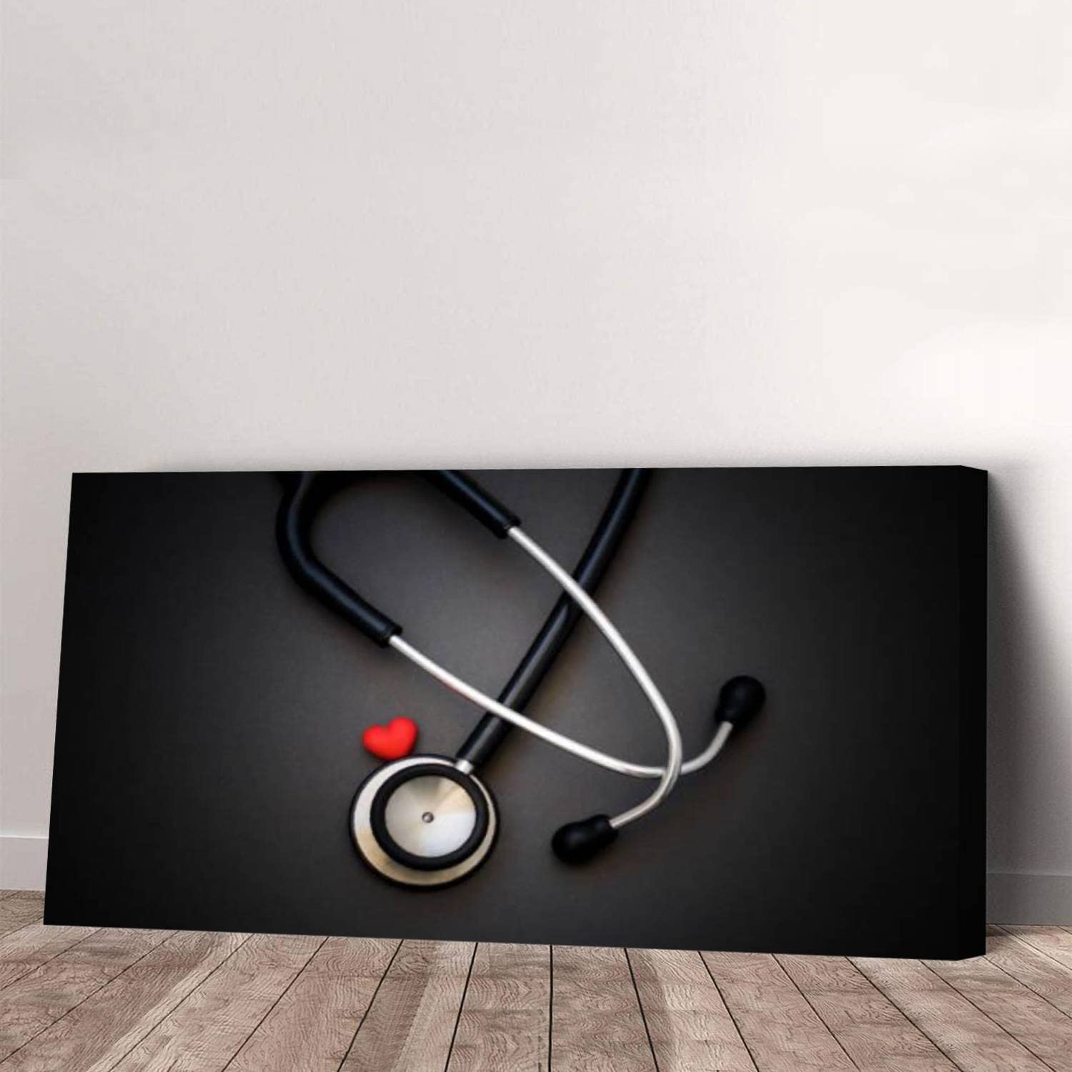 BELISIIS Stethoscope and red Heart on Black Cardiology Concept World Health Day Wall Artwork Exclusive Photography Vintage Paintings Print on Canvas Home Decor Wall Art 1 Panel Framed Ready to Hang