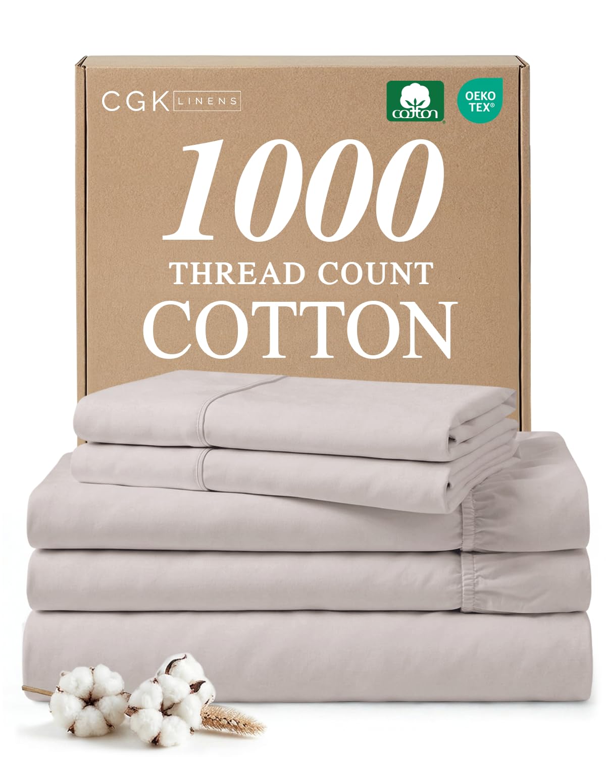 Parure de lit 4 pièces en coton satiné gris clair avec drap-housse grand bonnet