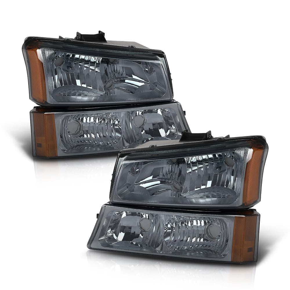 GRAND ORANGE Headlights Assembly Bumper Lamps Compatible with Chevy Silverado Avalanche 2003-2006 Chrome Housing Clear Corner Set 4pcs