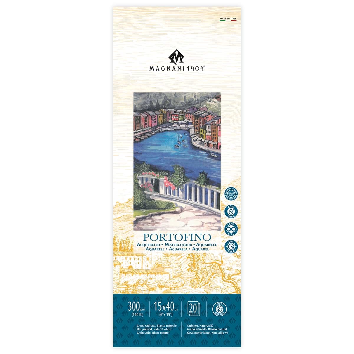 Magnani 1404 Portofino Hot Press Aquarellpapier Aus 100 % Baumwolle – 20 Blätter 15,2x15,2 Cm, 63,5 Kg, Säurefrei, Vegan
