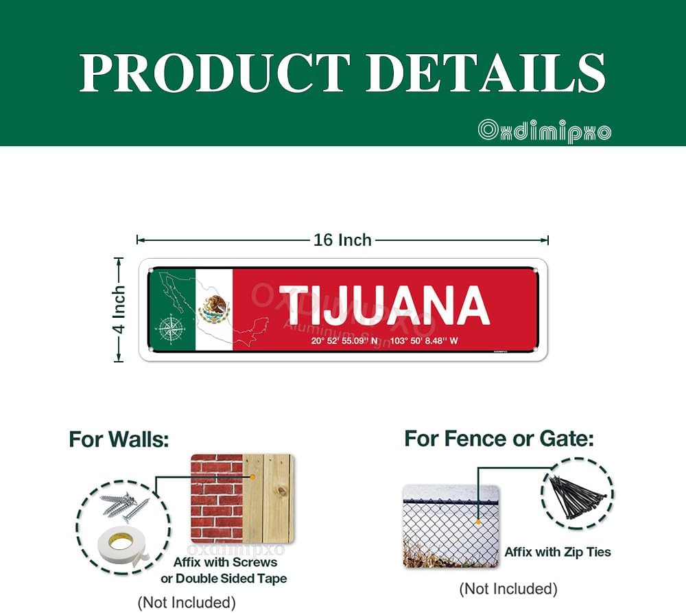 Tijuana Mexico - Mexican Flag Metal Sign, Novelty Aluminum Street Way Signs 4x16 Inch Slim Wall Art, Coffee Restaurant Bar Decorations, Farmhouse/Home/Kitchen/Office/Man Cave/Pub Room Décor image 5