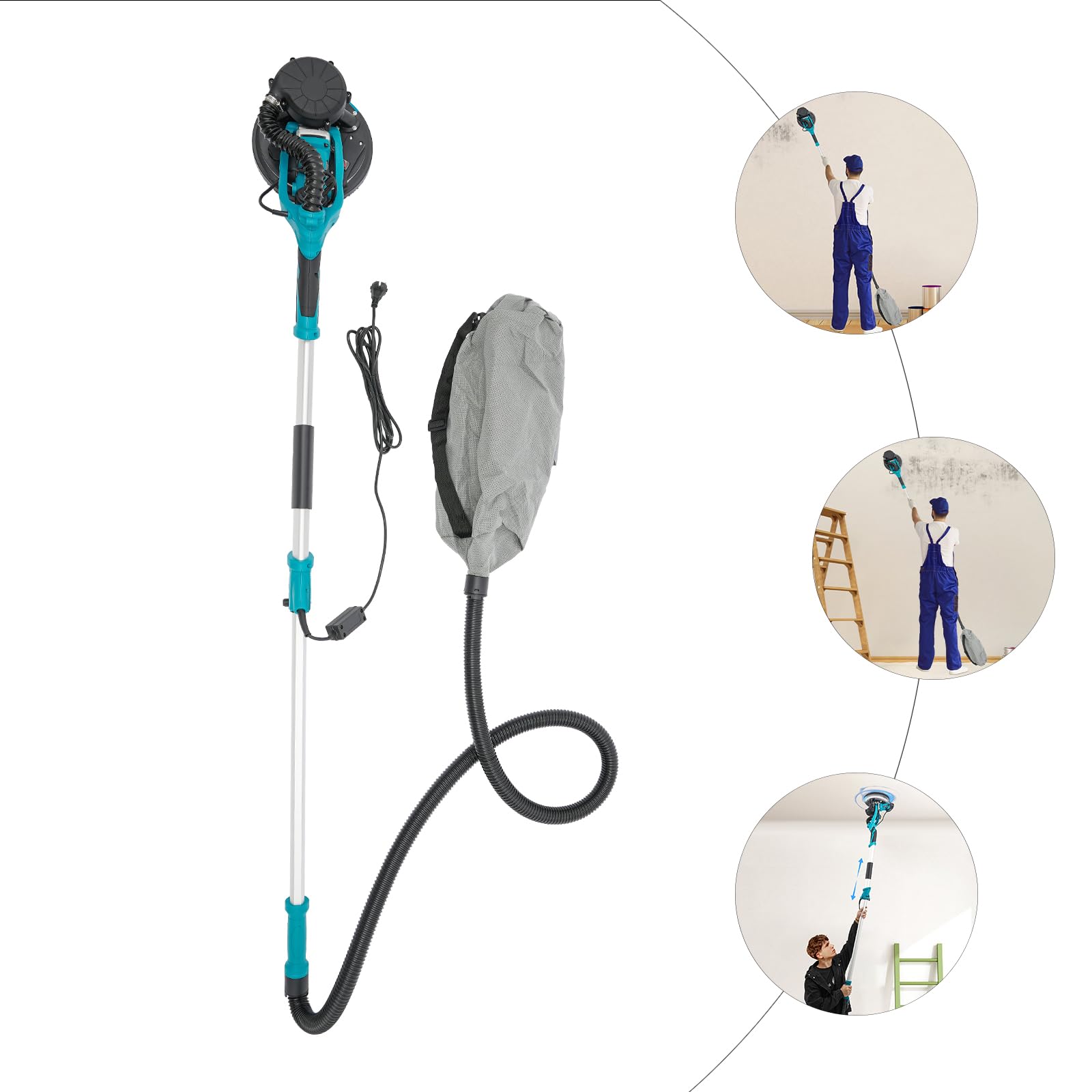 Szlifierka do suchej zabudowy, 1250 W, 90°, składany wysuwany uchwyt, szlifierka ścienna z oświetleniem LED i 6 papierem ściernym, 900-1800 obr./min, szlifierka sufitowa do suchej zabudowy (niebieska)