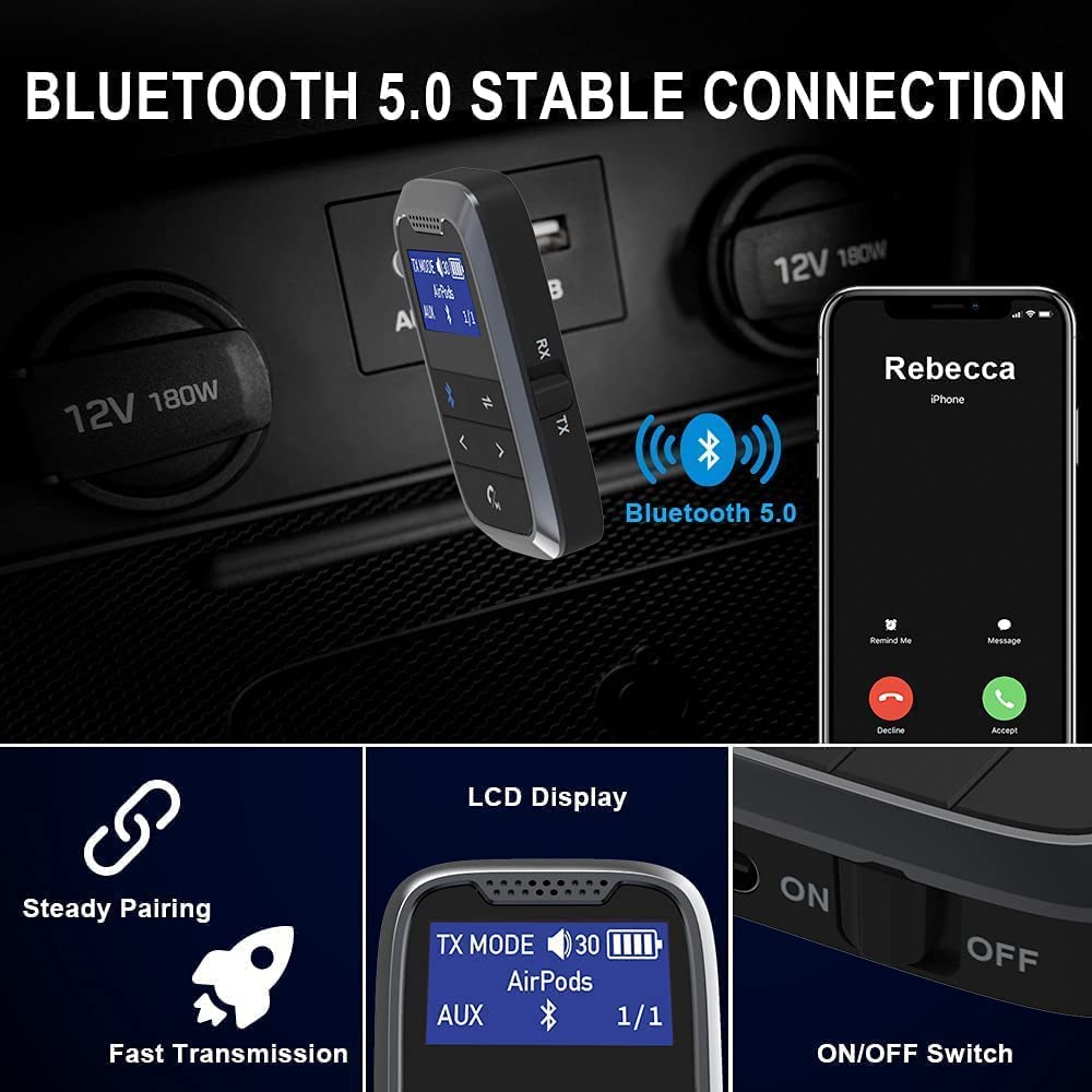 Adapter Bluetooth 2 w 1, odbiornik Bluetooth 5.0, z gniazdem 3,5 mm, z akumulatorem Aux, bezprzewodowy, z czasem pracy baterii 20 godzin do telewizora, słuchawek, samolotu, komputera