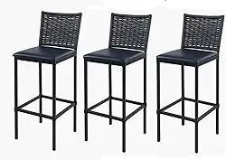 Conjunto 3 Banquetas Turquia Alta em Aço com Assento Estofado e Encosto de Junco Preto