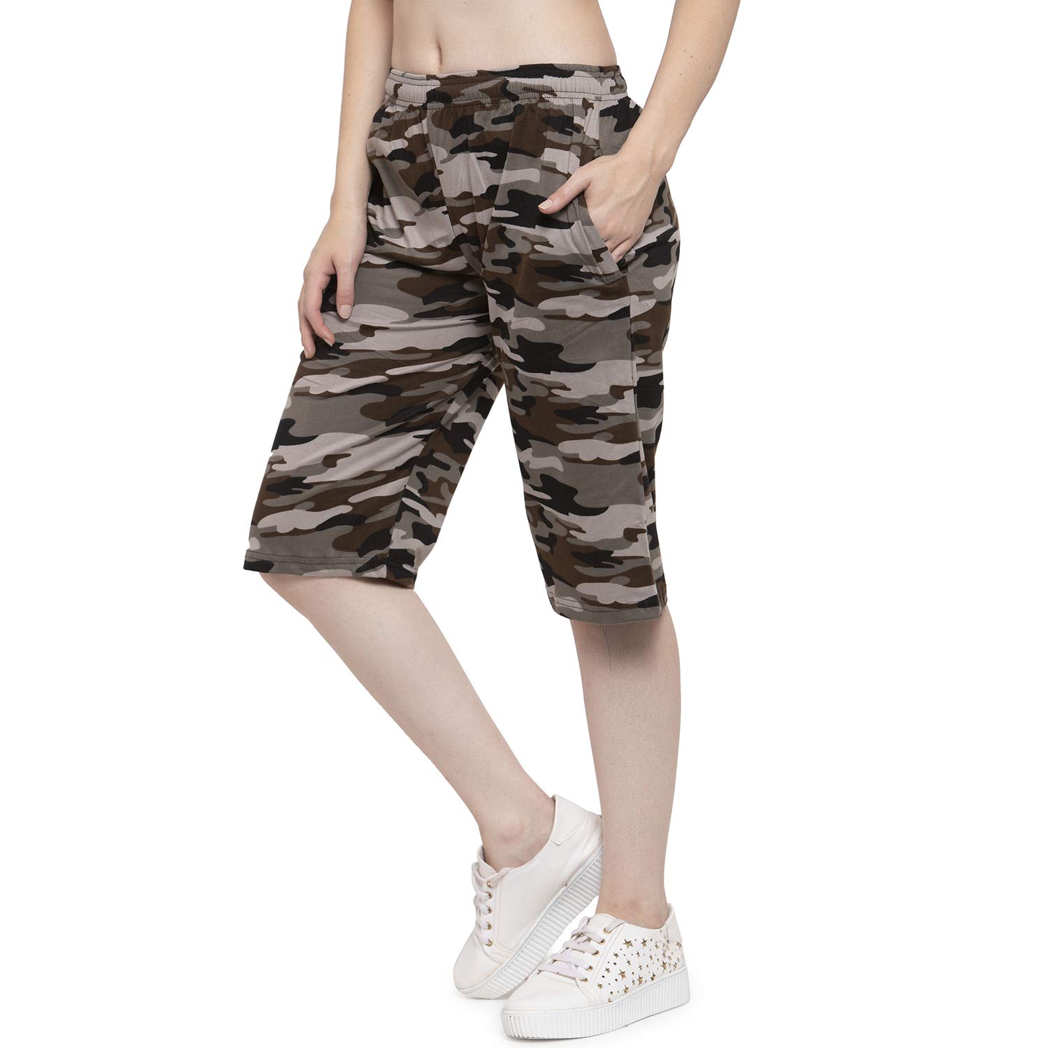 UZARUS Women's Girls Cotton Three Fourth Capri Shorts with Two Zippered Pockets Brown - Image 2 thumbnail