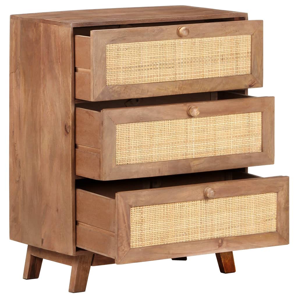 Aparador 61 x 35 x 76 cm, madera maciza de mango, armario rústico de madera con 3 cajones, mimbre natural, muebles de almacenamiento robustos para salón y cocina