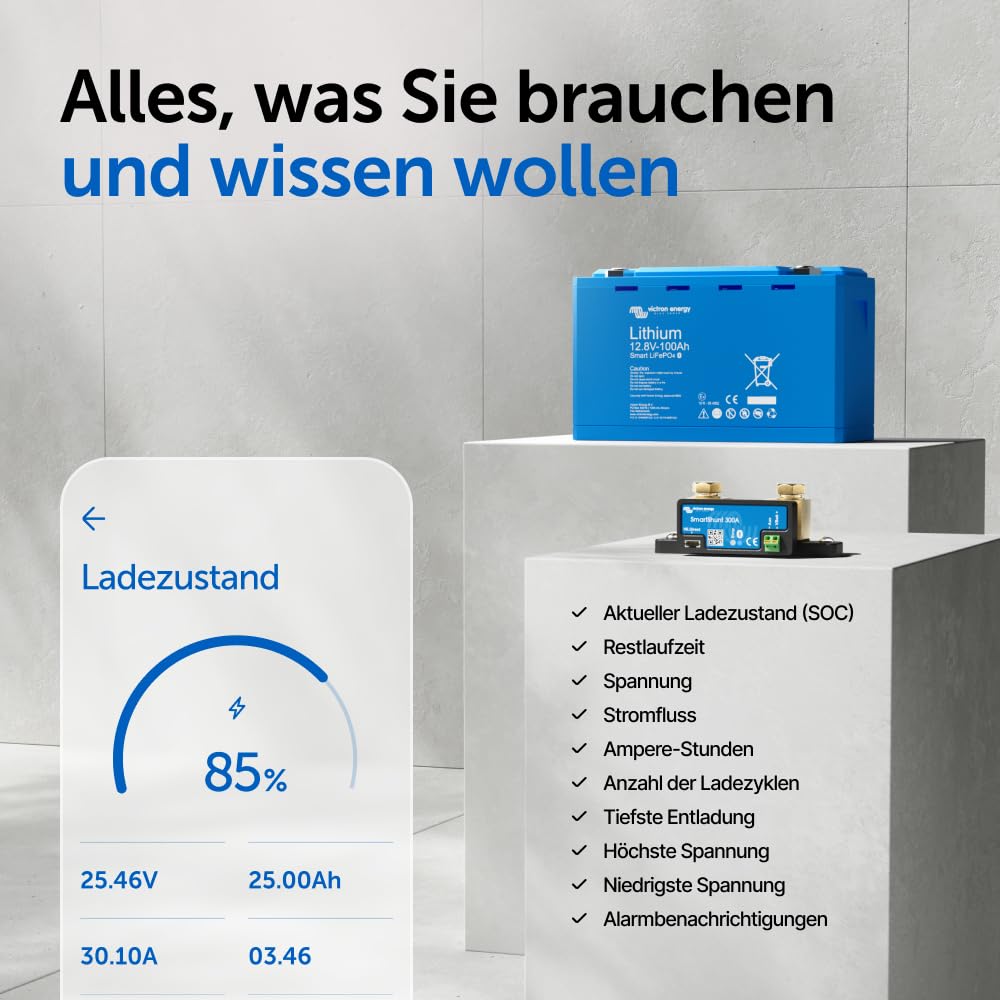 Victron Energy SmartShunt 300A - 50mV - Smart Shunt Batteriewächter (Bluetooth) | Victron Bluetooth Smart Shunt mit detaillierten In-App-Insights