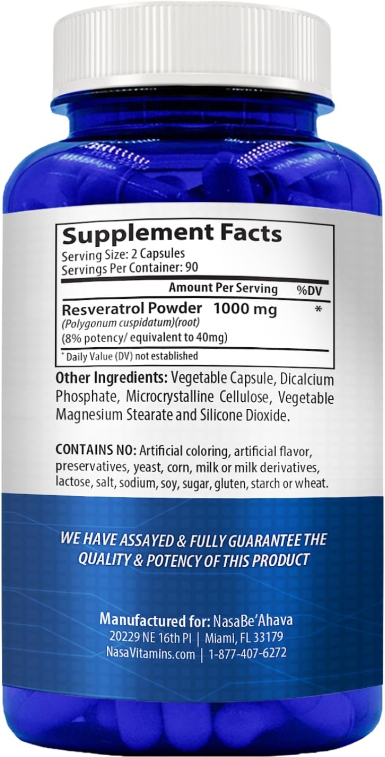 Resveratrol 1000mg Capsules | Vegan Friendly Resveratrol Supplement from Easy Absorption Antioxidant Japanese Knotweed for Skin Heart and Brain Support | Made in US cGMP Facilities (90 Day Supply)
