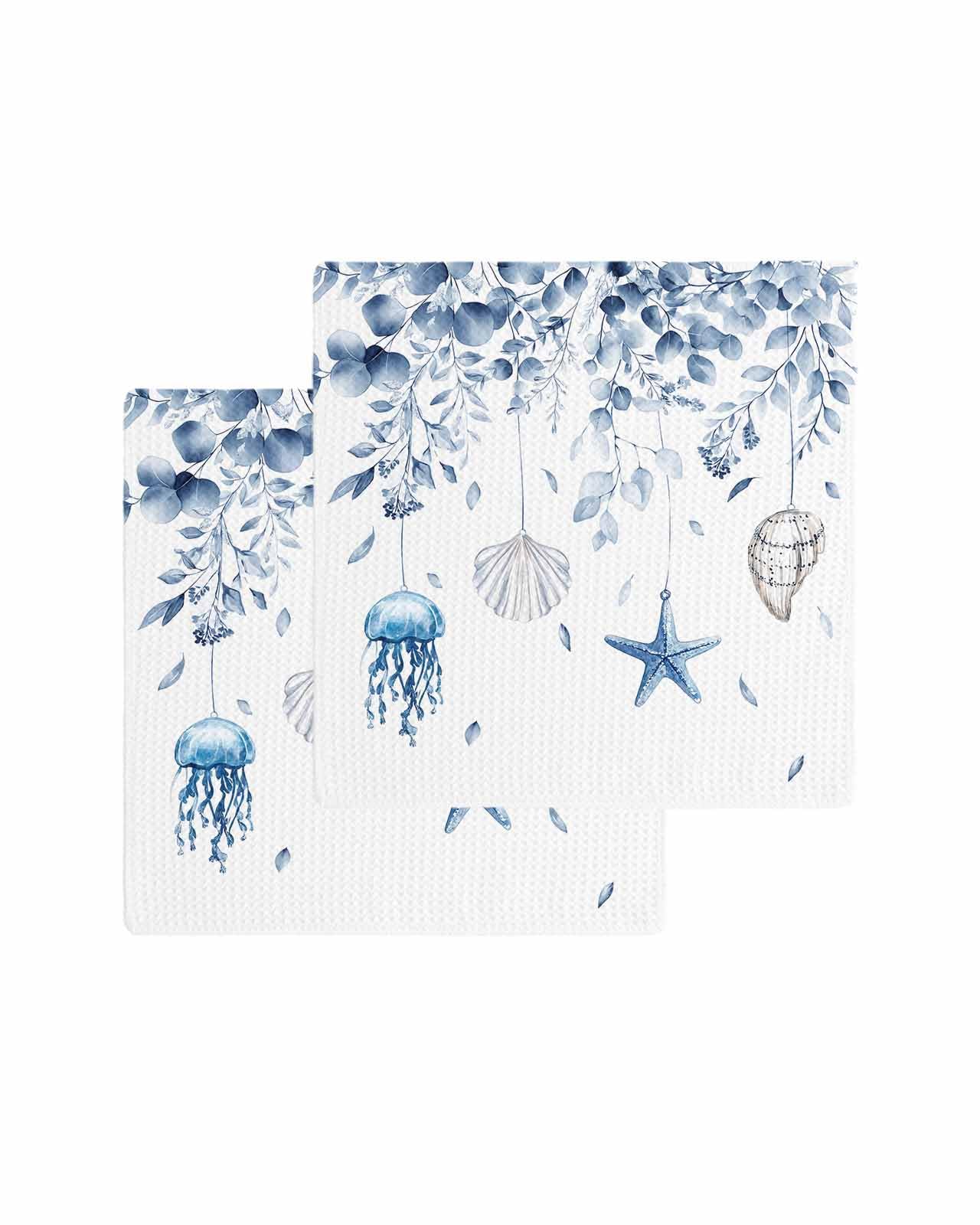 Hokiten Blue Coastal Eucalyptus Waffle Kitchen Towels Dishcloths, Starfish Shell Beach Absorbent Dish Towels | Botanical Jellyfish Hand Towels for