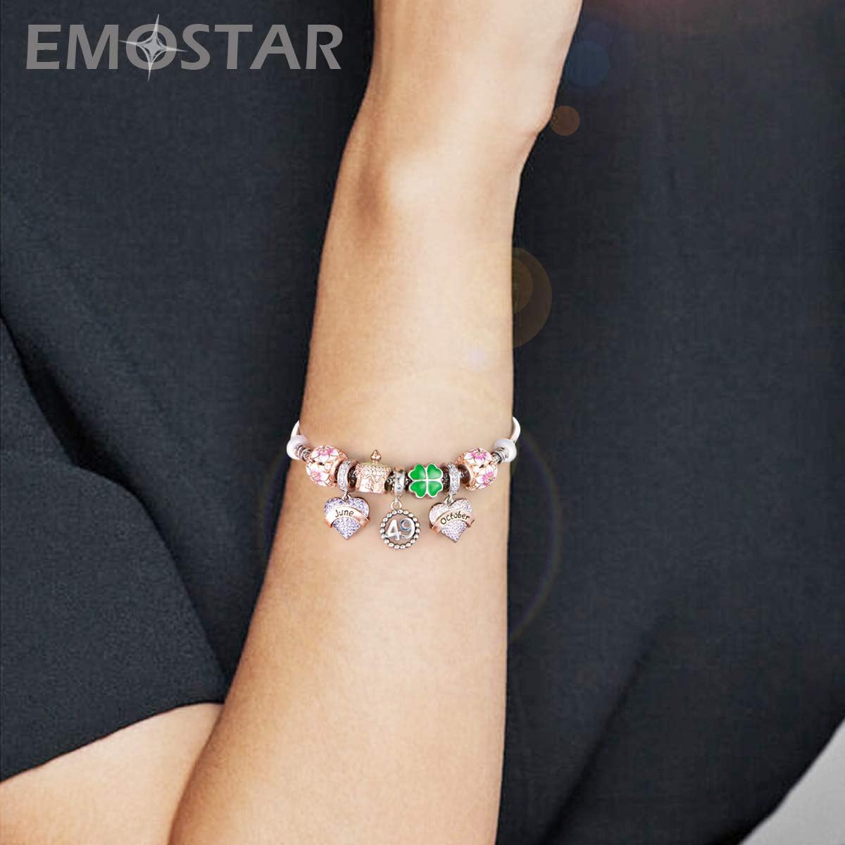 EMOSTAR Jan-Dec Birthstone Charms fits European Birthday Bracelet, Dangle 925 Sterling Silver Heart Shaped Pendant with 12 Months Birthstones, Gifts for Mom/Women