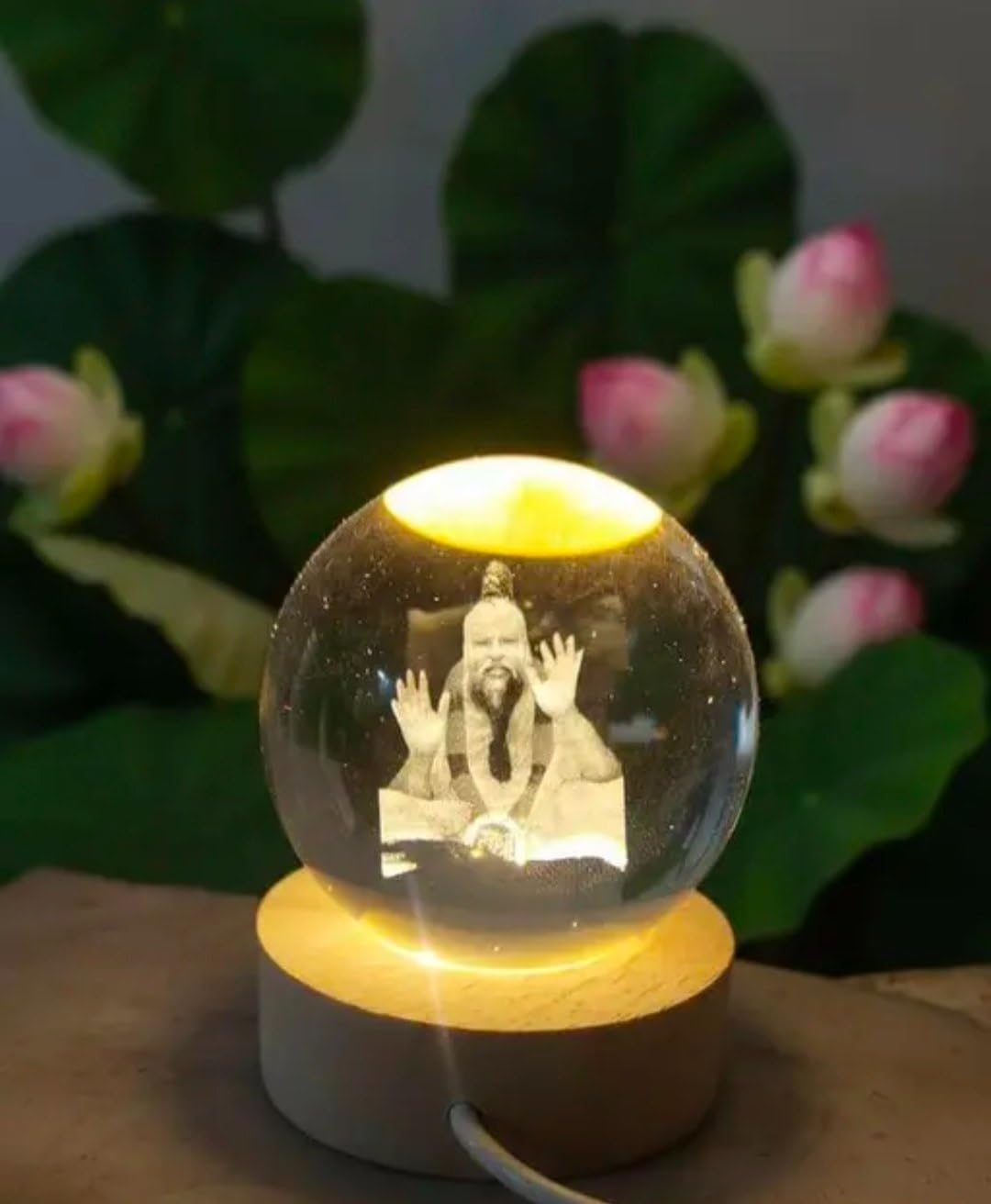 Premanand Ji Maharaj 3D Laser Engraved Crystal Ball Night Lamp, 6 cm, Warm Light, Wooden Base, USB Powered, Office,Home Decor-image-2