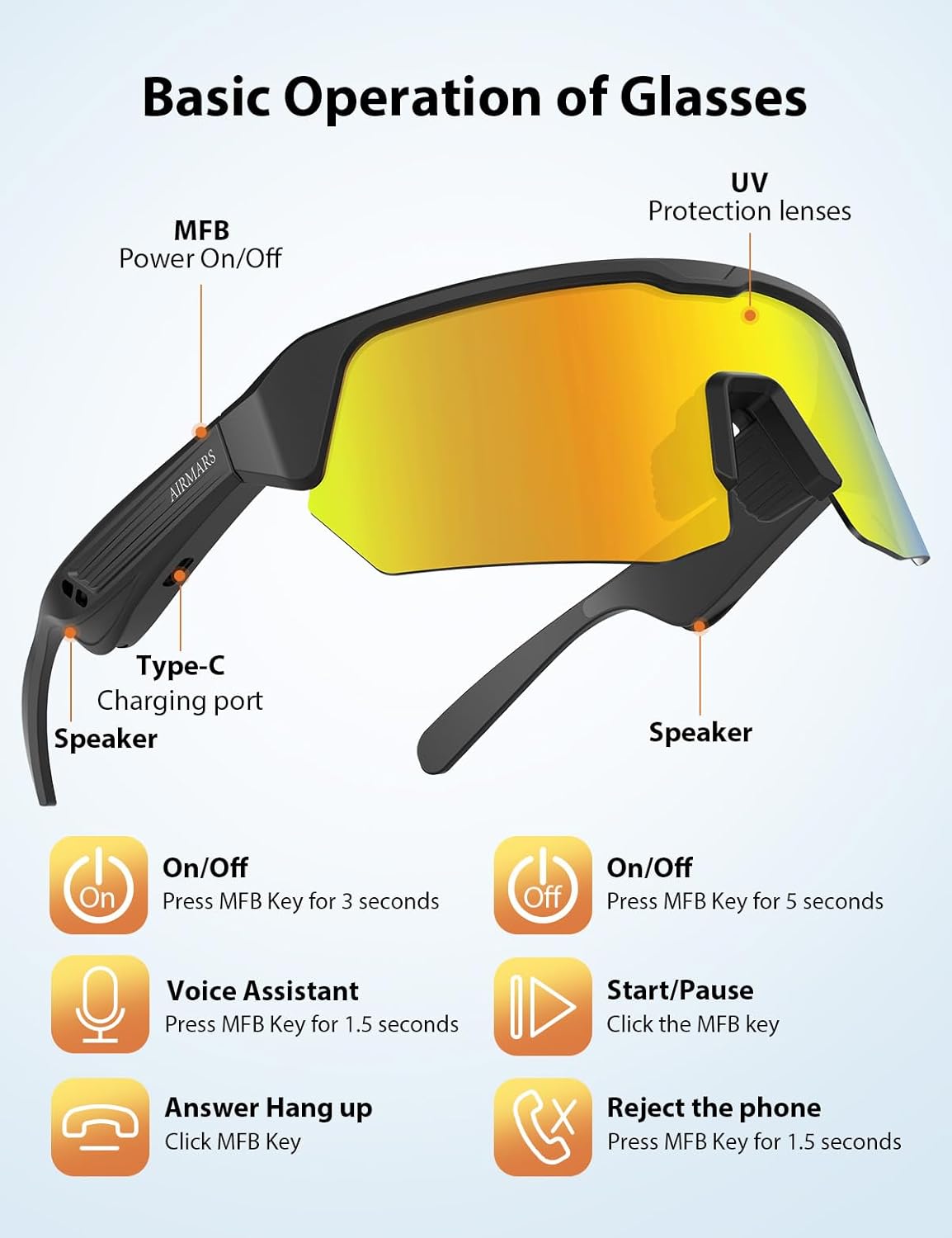 AIRMARS Bluetooth Sunglasses for Men and Women, Built-in Mic & Speakers, Polarized Sport Smart glasses for Running/Cycling, UV Protection, Voice Control (Colorful)