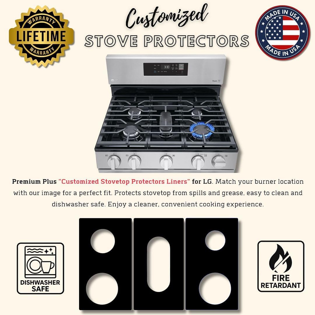 Premium Plus Stove Protectors for LG Gas Stove Model LRGN6323Y, Custom Cut, Easy to Clean Stove Liner, Made in the USA.