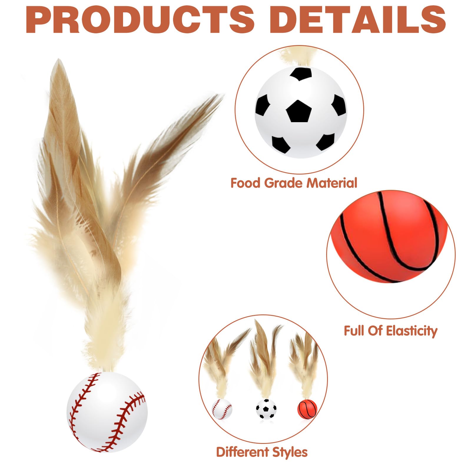 HINGTAI 3 Pcs Cat Bouncy Feather Ball Toys Indoor Interactive Basketball Soccer Toys Adult - Image 3