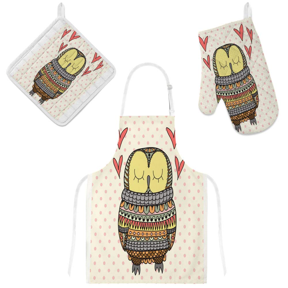 Tablier de cuisine chouette avec gant et manique | Set de 3 pièces