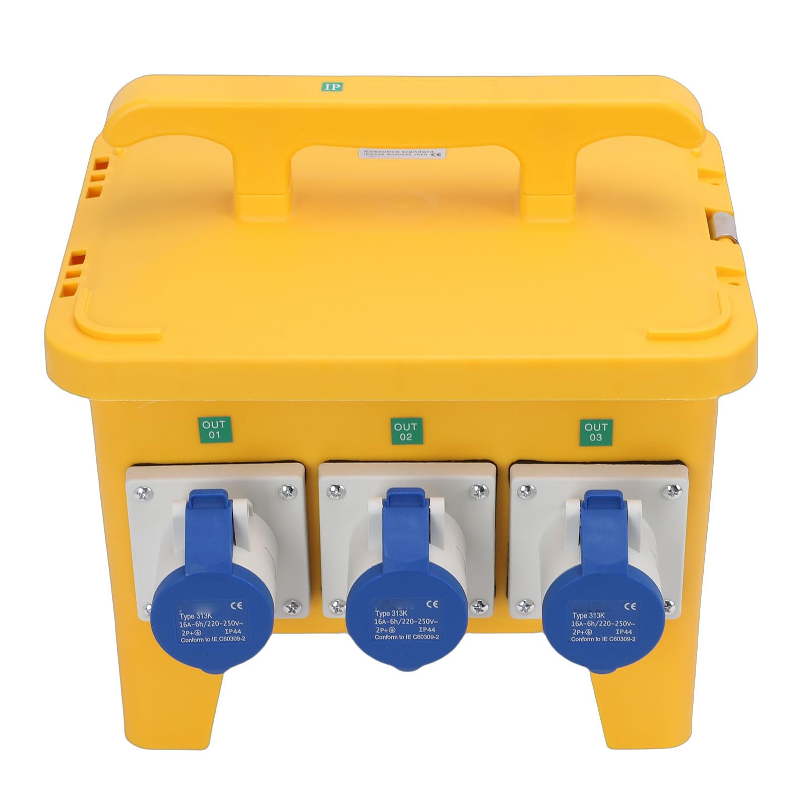 Distribuidor de Energía Portátil Caja Impermeable para Eventos de Construcción 3 Salidas CEE 3 Enchufes de Clavija 11.8x9.1x11.3in Amarillo