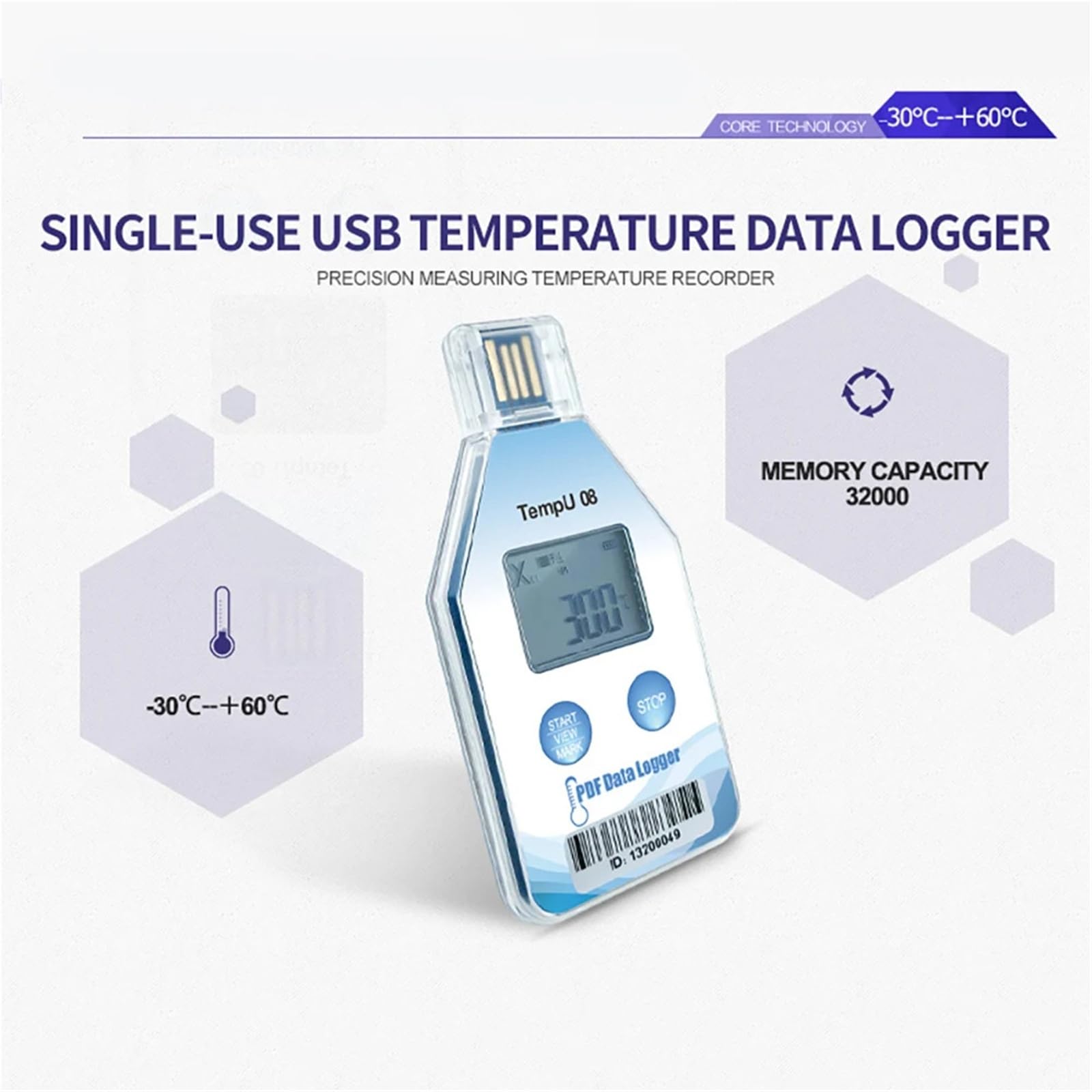 rejestrator danych 32 000 punktów jednorazowy rejestrator danych temperatury dla łańcucha chłodniczego(TempU08,1 szt.)