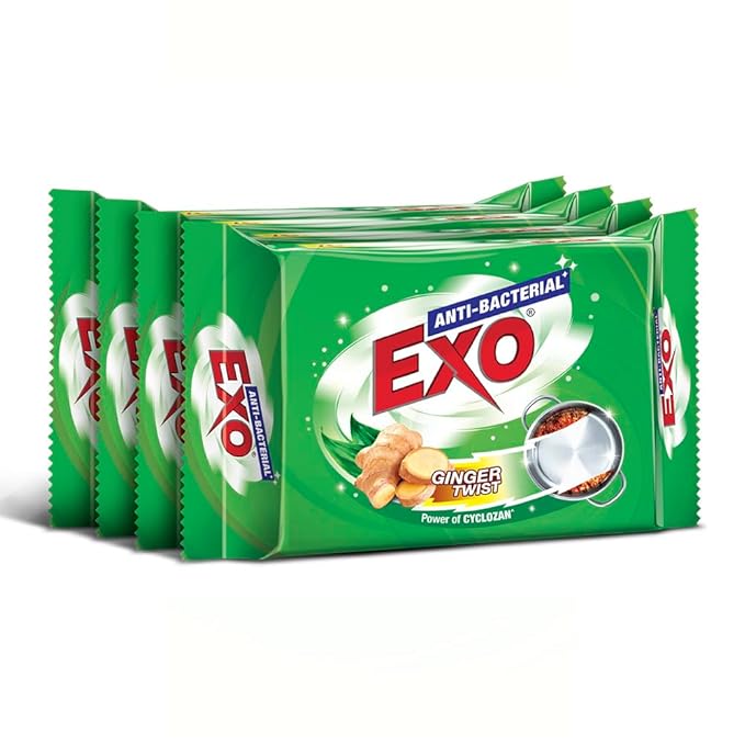 Exo Dishwash Bar, 480gm (120gm X (3 + 1 Bar Free) | Goodness Of Ginger | Remove Tough Grime, Kills Bacteria & Sanitizes The Utensils