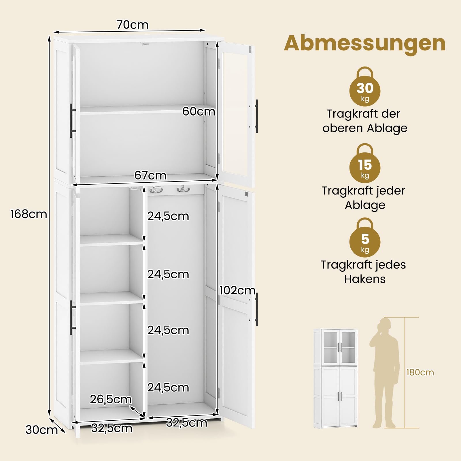 COSTWAY Besenschrank 70cm breit, Mehrzweckschrank Hochschrank mit 2 Haken & Glastüren, Vorratsschrank Holz, Haushaltsschrank Putzschrank für Mops & Staubsauger, 70 x 30 x 168 cm, weiß