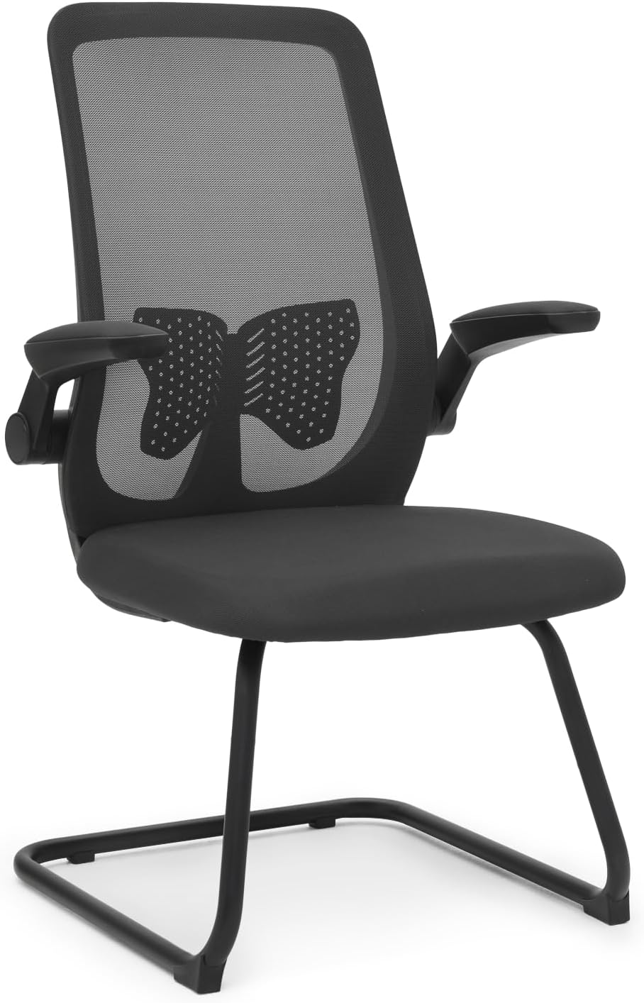 MoNiBloom Office Guest Chair Without Wheels, Executive Reception Chair with Lumbar Support and Sled Base, Mid-Back Mesh Task Chair with Flip-Up Arms for Reception Conference Wait Room, 250 LBS, Black