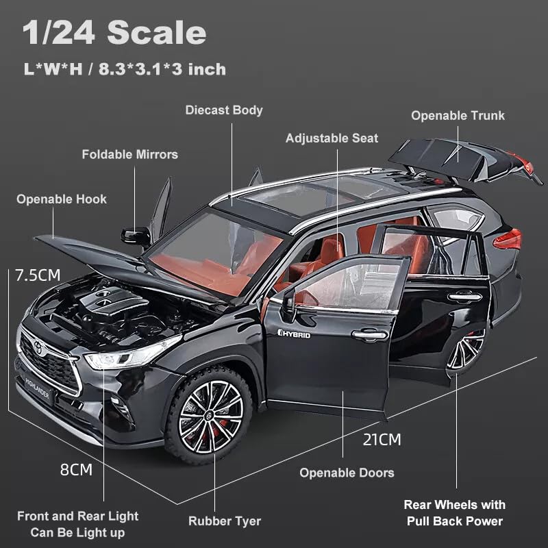 Image of 1:24 Toyota Highlander SUV Model Car - Alloy Diecast Pull Back Toy with Sound, Light & Openable Doors - Gift for Kids Boys Girls (RED)