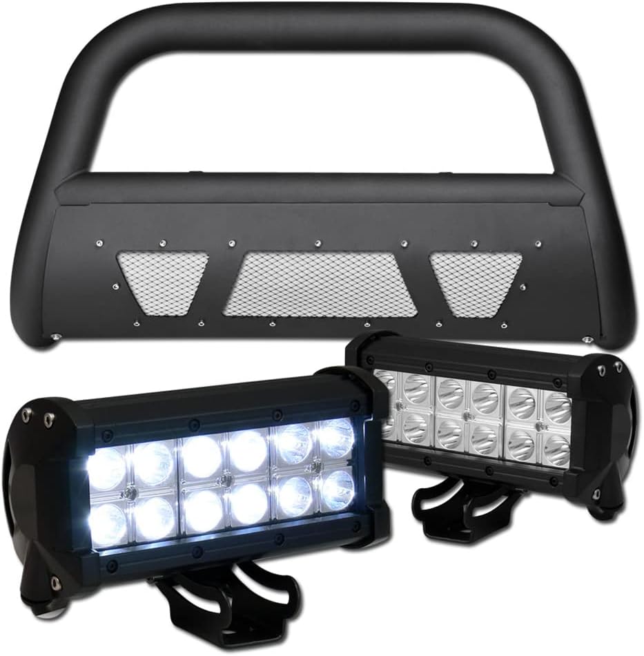 Matte Black Studded Mesh Bull Bar Brush Push Front Bumper Grill Grille Guard with Skid Plate + 36W CREE LED Fog Lights Compatible with 10-18 Dodge Ram 2500/3500