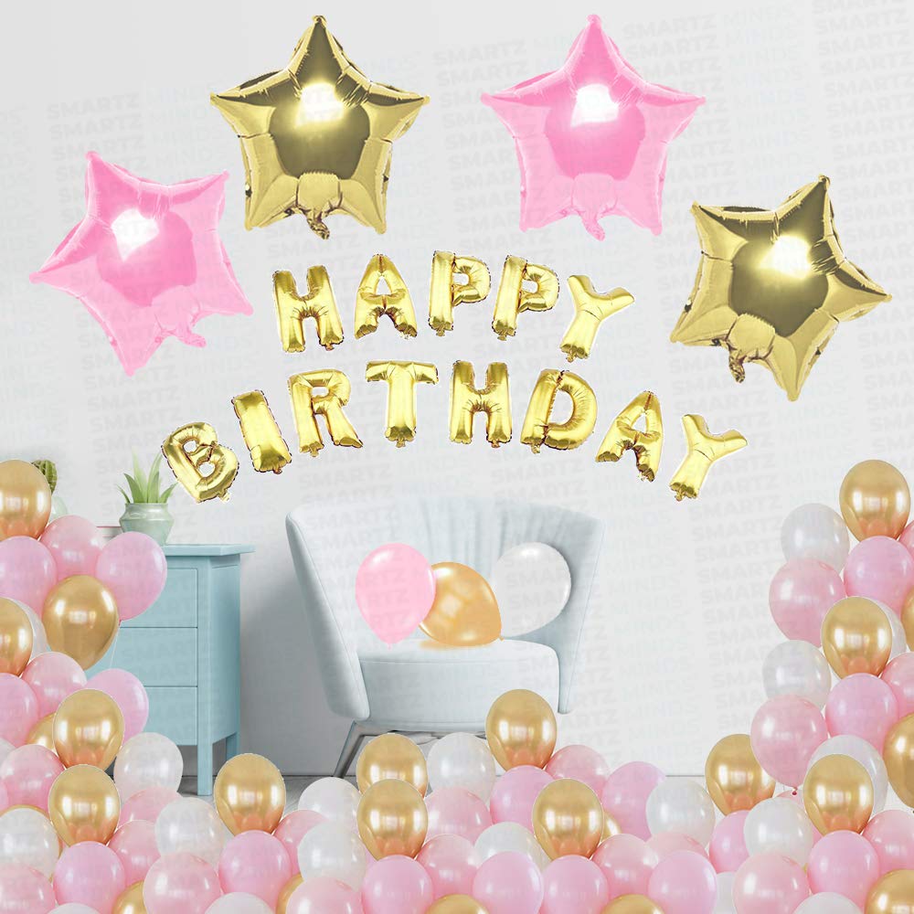 Smartz Minds Happy Birthday Foil Balloon with 30pc Mettalic Balloon (Pink, Golden, white) and 2pc golden + 2pc pink Star Foil Balloon + 1pc Multipurpose