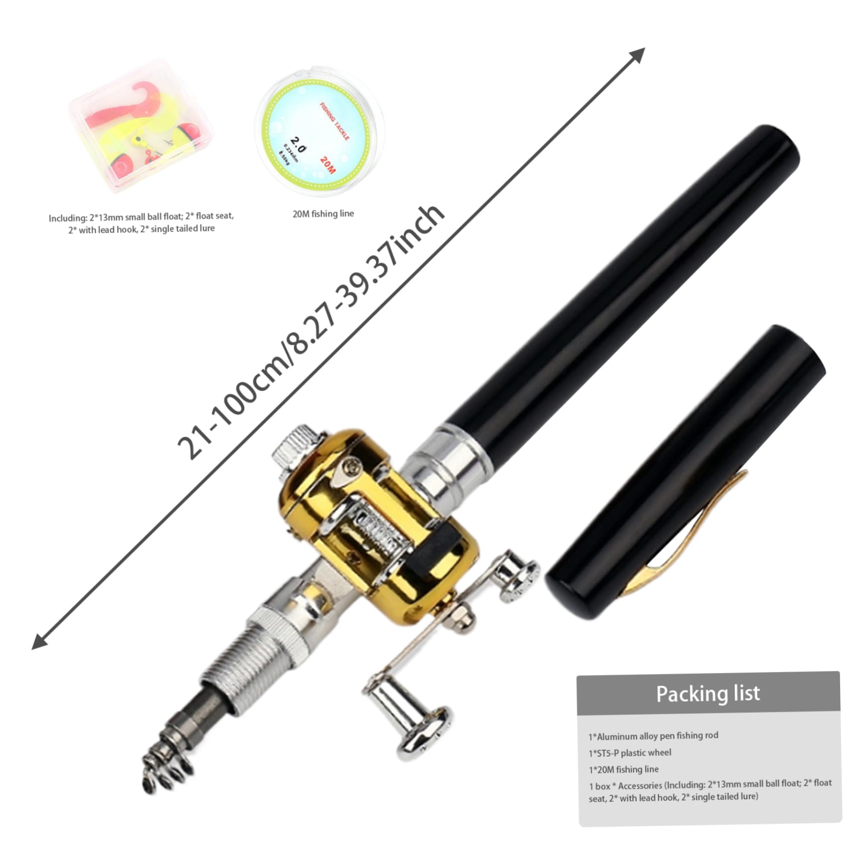 Petite canne à pêche stylo canne à pêche, 21,6 cm, mini canne à pêche, 5 sections, canne à pêche télescopique avec moulinet, canne à pêche portable noire