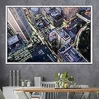 Framed Canvas Wall Art City Illuminations Aerial Cityscape Contemporary Multicolor Photography Places Realism - 16x24 inches