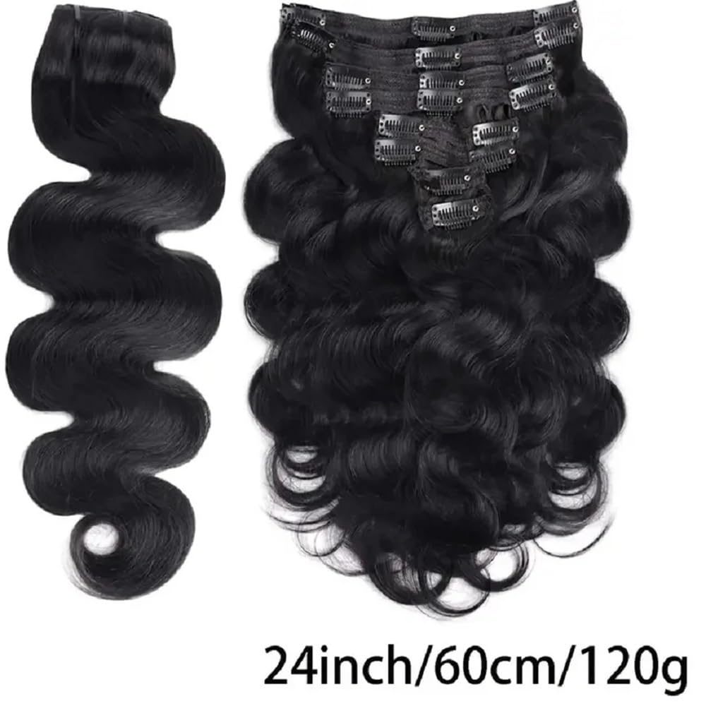 Dopinki do włosów z klipsami, prawdziwe ludzkie włosy, fale, bezszwowe, 120 g, brazylijskie włosy Remy, 8 szt. z 18 klipsami Double Wefts 26 cali (30 cm)