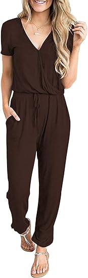 PRETTYGARDEN Women's Summer Casual Deep V Neck Short Sleeve Wrap Drawstring Waist Jumpsuit Romper