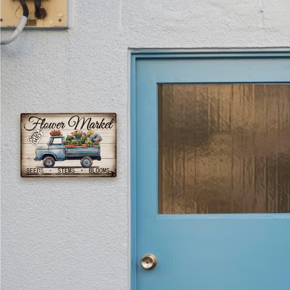 Flower Market Vintage Metal Tin Sign – Retro Truck Wall Art For Shop, Home, Or Garden