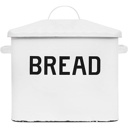 Creative Co-Op Enameled Metal Handles Rustic Farmhouse Storage Décor for Kitchen, White Bread Box with Lid