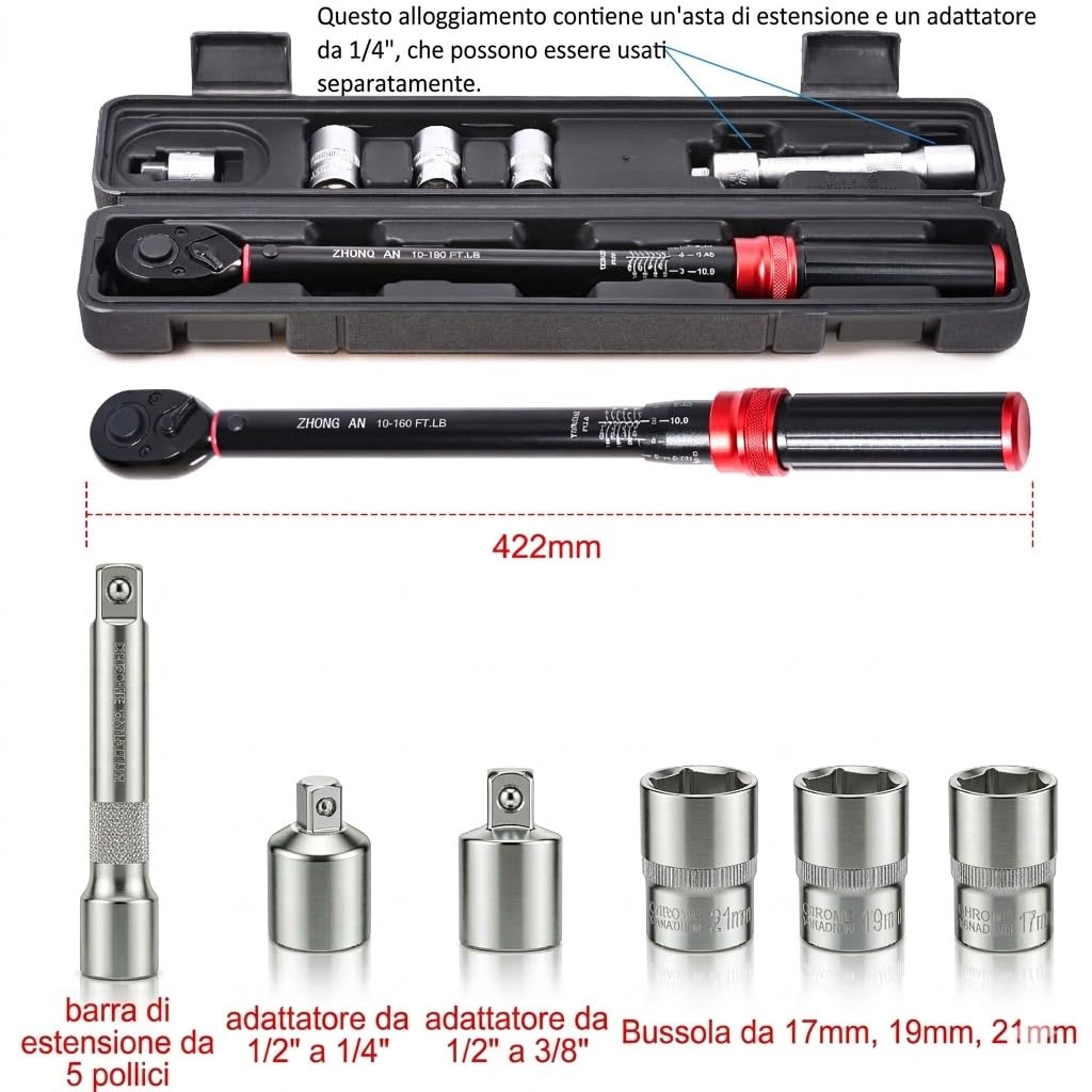 Set Chiave Dinamometrica Professionale 1/2", 13,5-217 Nm (10-160 ft-lb) con Bussole 17/19/21mm, Prolunga e Adattatori (1/4", 3/8"), Cricchetto di Precisione per Auto, Moto e Officina | Con bussole da 17/19/21 mm, prolunga da 12,7 cm, adattatore da 1/2" a